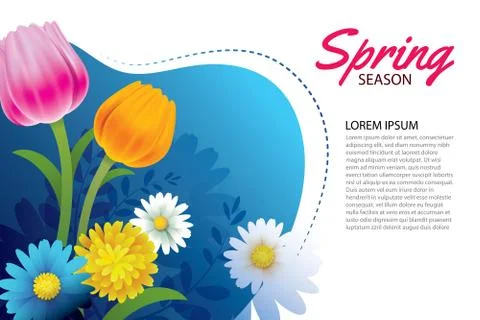 Hello spring greeting card and invitation with blooming flowers background te Illustrazione stock