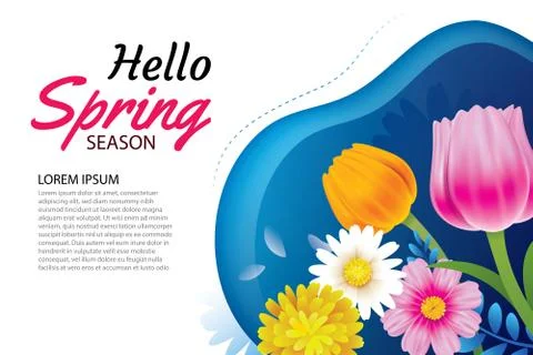 Hello spring greeting card and invitation with blooming flowers background te Stock Illustration
