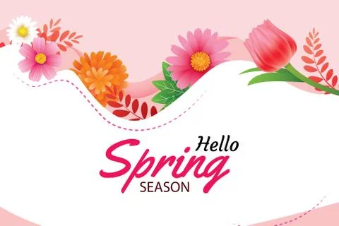 Hello spring greeting card and invitation with blooming flowers background te Stock Illustration
