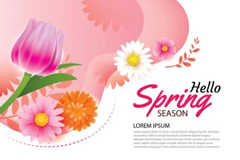 Hello spring greeting card and invitation with blooming flowers background te Stock Illustration