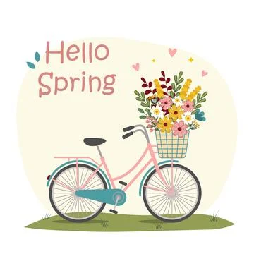 Hello spring greeting card. Bicycle with beautiful bouquet of flowers. Vect.. Stock Illustration