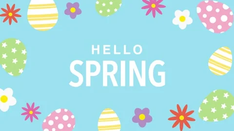 Hello Spring greeting card with colorful Easter eggs and flowers frame Stock Footage 331123164