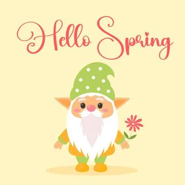 Hello spring greeting card with cute garden gnome. Character scandinavian dwarf Illustrazione stock