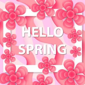 Hello Spring greeting card with flowers, modern paper cut style. International Stock Illustration