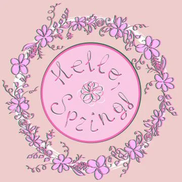 Hello spring greeting card. Hand drawn illustration with wood background effe Stockillustratie