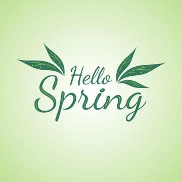 Hello Spring greeting card with hand drawn leaves in minimal flat design styl Stock Illustration
