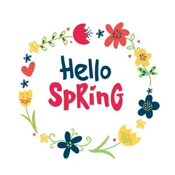 Hello spring greeting card. Hand drawn illustration with doodle Flower wreath Stock Illustration