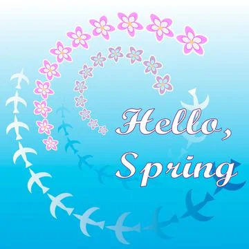Hello spring greeting card. Hand drawn illustration with wood background effe Illustrazione stock