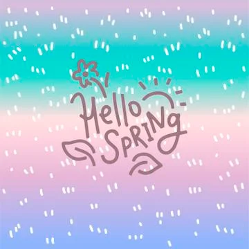 Hello spring. Greeting card with simple flower, leaves and sun. Vector Stock Illustration