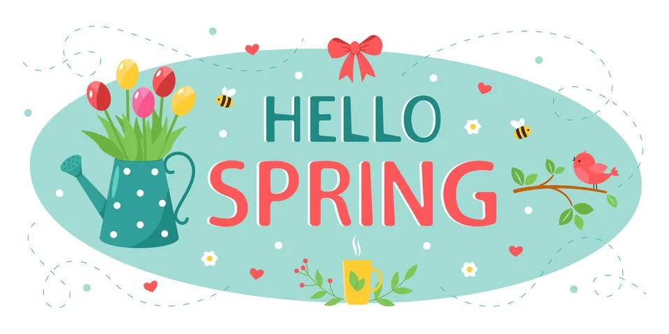 Hello spring. Greeting card with a spring theme. Cute birds on a branch Stock Illustration