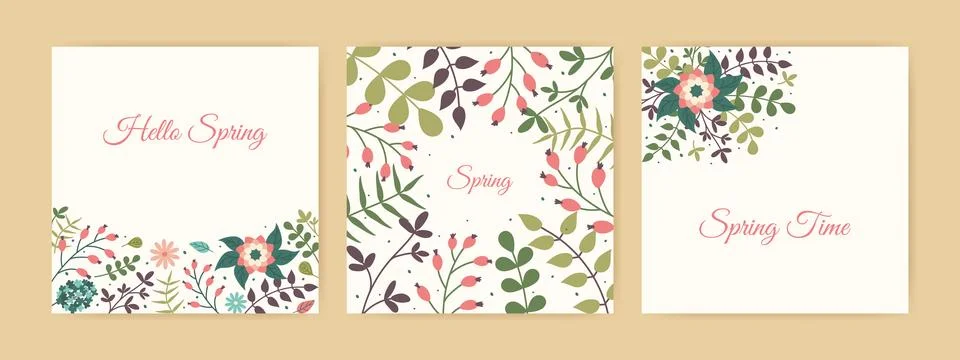 Hello Spring greeting Cards set with hand drawn Flowers. Lovely floral post.. イラスト素材