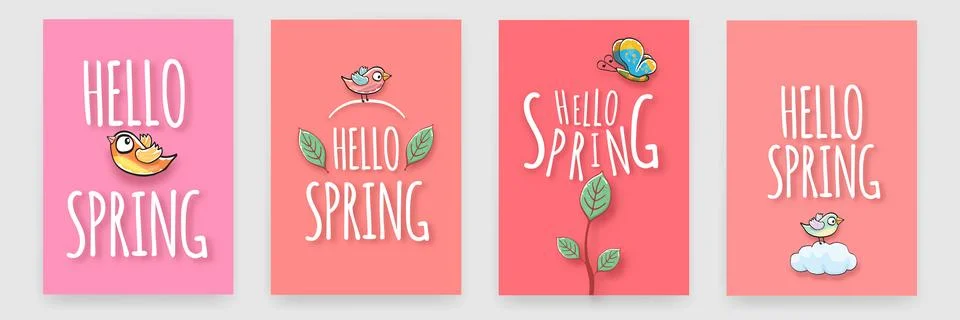 Hello Spring greeting cards set with cute birds and butterfly, seasonal posters Stock Illustration