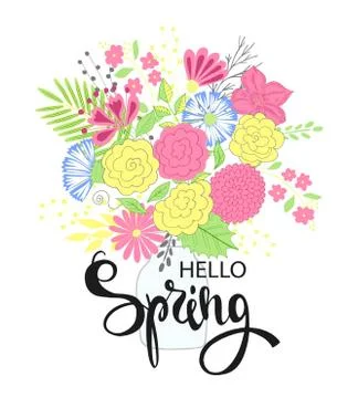 Hello spring. Hand drawing lettering design. Postcard, party invitations. V.. Stock Illustration
