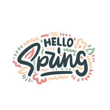 Hello spring. Hand-drawn calligraphy and feather brush. Design for holiday ca Stock-Illustration