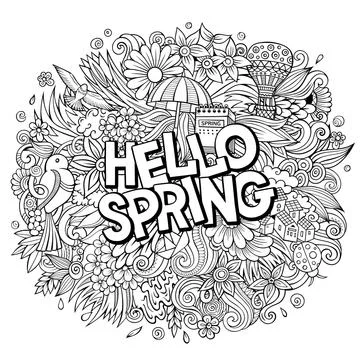 Hello Spring hand drawn cartoon doodles illustration. Funny seasonal design. Stock Illustration