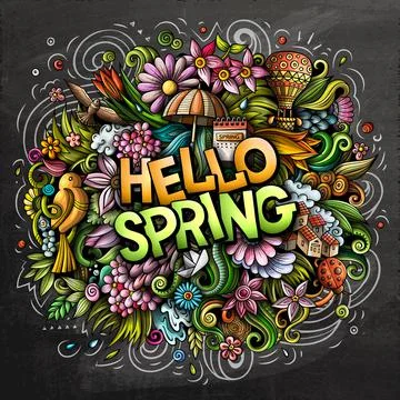 Hello Spring hand drawn cartoon doodles illustration. Funny seasonal design. Stock Illustration