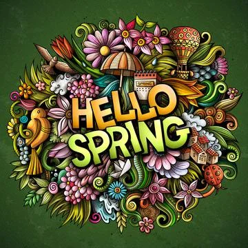 Hello Spring hand drawn cartoon doodles illustration. Funny seasonal design. 스톡 일러스트