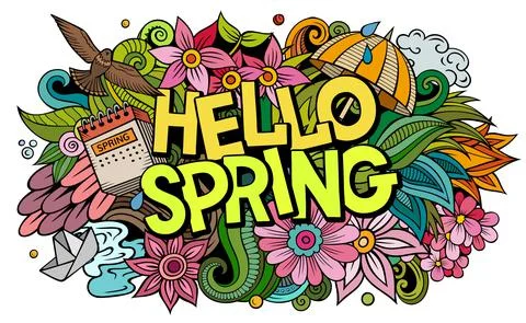 Hello Spring hand drawn cartoon doodles illustration. Funny seasonal design. 스톡 일러스트