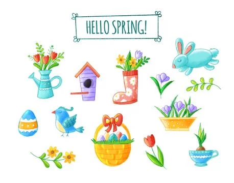 Hello spring hand drawn element collection - cute flowers, bird, bunny, easter Ilustración de archivo