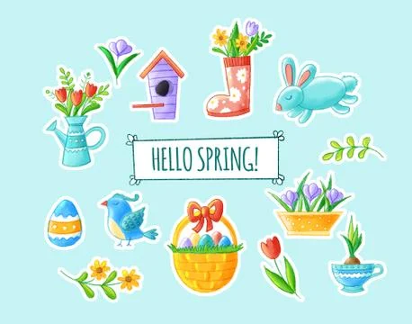 Hello spring hand drawn element collection - cute flowers, bird, bunny, easter Stock Illustration