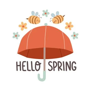 Hello Spring hand drawn flat vector illustration. Lettering spring season with Stock Illustration