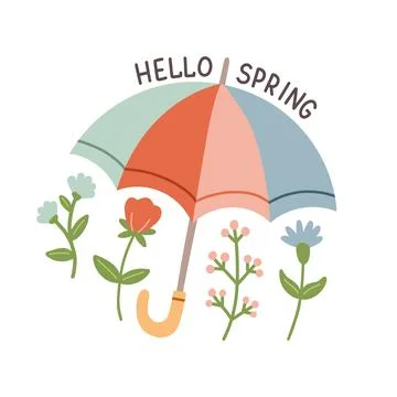 Hello Spring hand drawn flat vector illustration. Lettering spring season with Stock Illustration