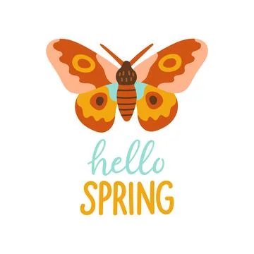 Hello Spring hand drawn flat vector illustration. Lettering spring season with Stock Illustration