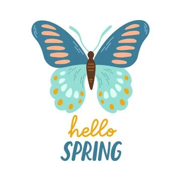 Hello Spring hand drawn flat vector illustration. Lettering spring season with Stock Illustration