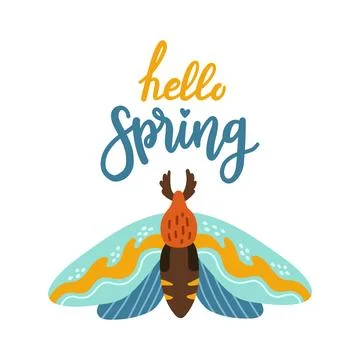Hello Spring hand drawn flat vector illustration. Lettering spring season with Stock Illustration