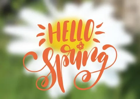 Hello spring hand drawn lettering design isolated on a blurred floral backg.. Stock Illustration