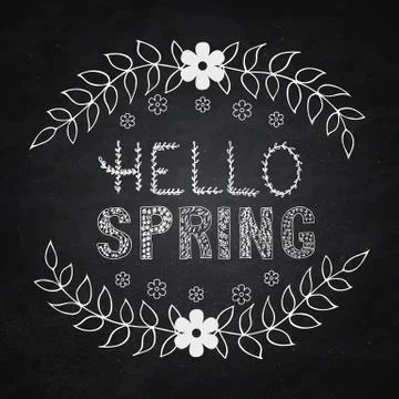 Hello spring hand drawn lettering with floral doodle elements on chalkboard b Stock Illustration