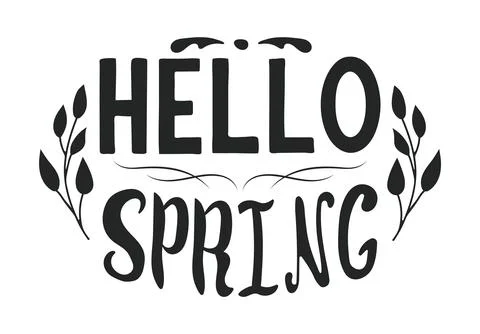 Hello Spring Hand drawn Lettering. Black phrase with flowers and leaves with  Stock Illustration