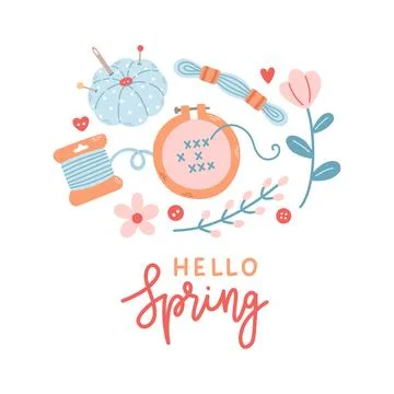 Hello Spring hand drawn vector illustration. Lettering spring season with Stock Illustration