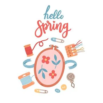 Hello Spring hand drawn vector illustration. Lettering spring season with Stock Illustration