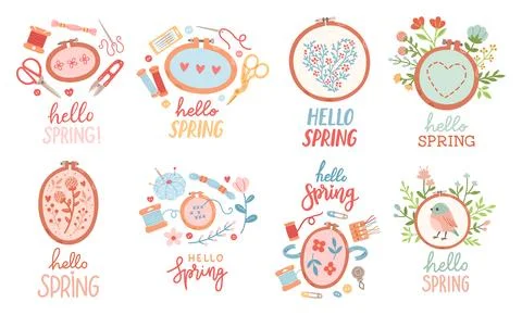Hello Spring hand drawn vector set. Lettering spring season with embroidery Stock Illustration