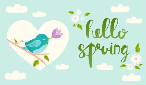 Hello Spring hand drawn vector illustration. Season lettering with bird hol.. Stock Illustration