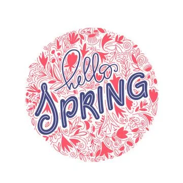 Hello Spring hand lettering and doodle illustration. Postcard, invitation and Stock Illustration