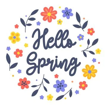 Hello Spring hand lettering in circular floral wreath with colorful navy fl.. Stockillustratie