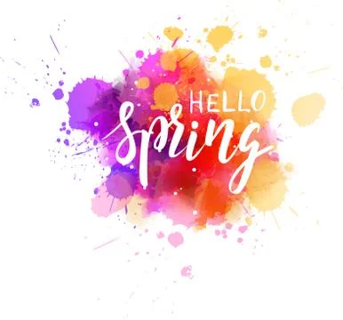 Hello Spring hand lettering phrase on watercolor imitation color splash. Mode Stock Illustration