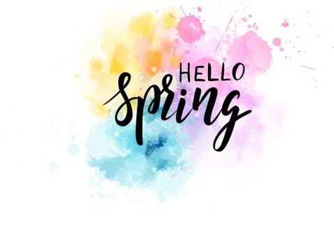 Hello Spring hand lettering phrase on watercolor imitation color splash. Mode Stock Illustration