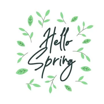 Hello Spring hand lettering surrounded by green leaves botanical wreath Stockillustratie