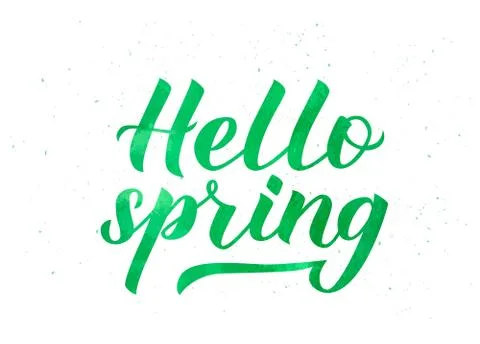 Hello spring hand written with brush. Watercolor painting effect. . Inspirati Stock Illustration