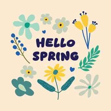 Hello Spring Handwritten Quote Vector Background. Bright Floral Doodle Elem.. Stock Illustration