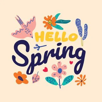 Hello Spring Handwritten Quote Vector Background. Bright Floral Doodle Elem.. Stock Illustration