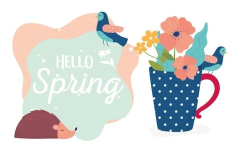 Hello spring hedgehog flowers in vase decoration season Stock Illustration