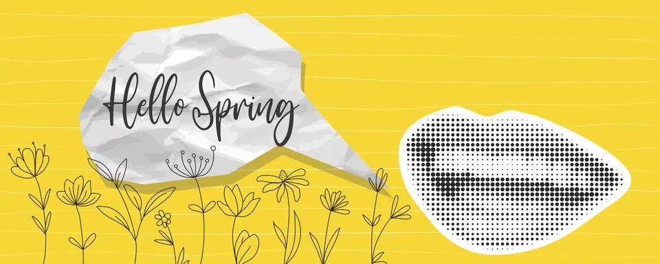Hello Spring horizontal banner in collage style Stock Illustration