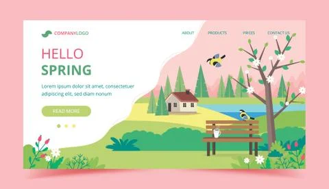 Hello spring landing page design template. Landscape with bench, houses, fields Stock Illustration