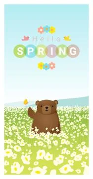 Hello spring landscape background with bear Stock Illustration