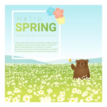 Hello spring landscape background with bear Stock Illustration
