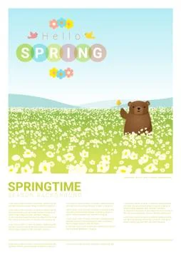 Hello spring landscape background with bear Stock Illustration